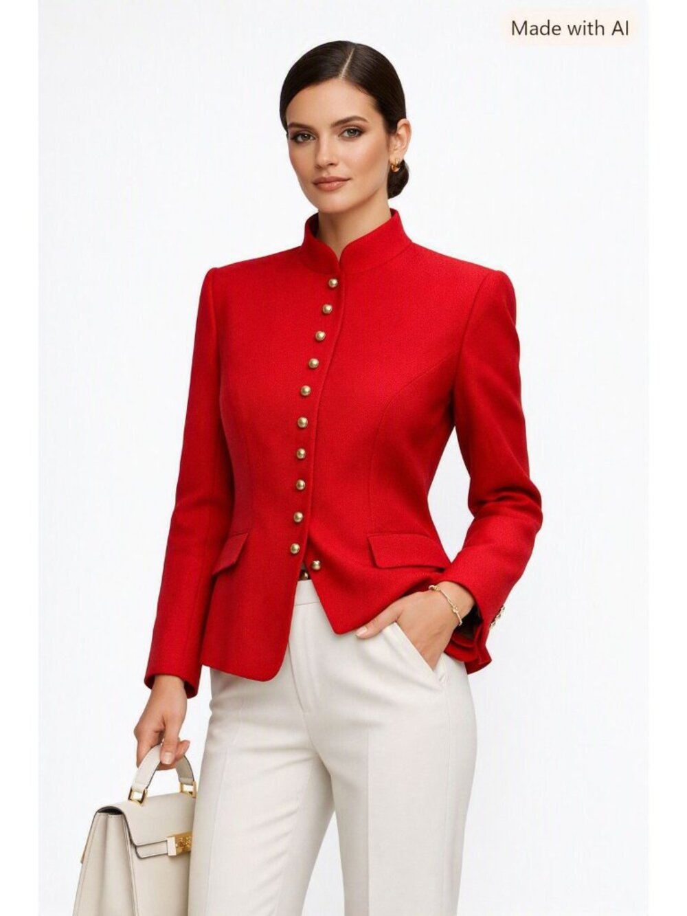 Lauren Ralph Lauren Red Linen Mandarin Collar Blazer Gold Button Jacket women 14